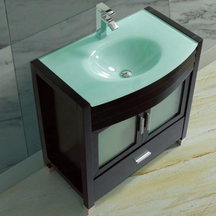 Bathroom Vanity with Curved Glass Countertop, Bathroom Cabinet 8901-24