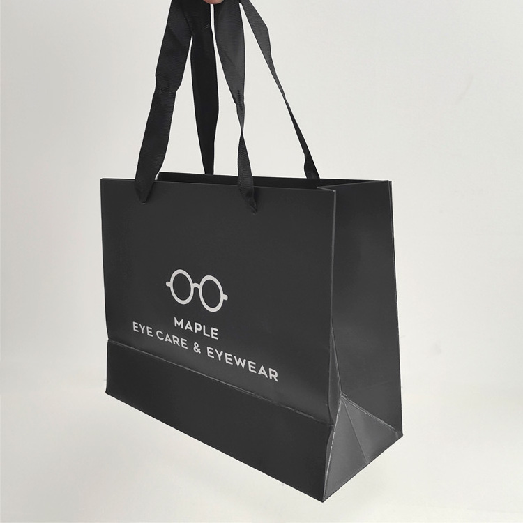 Custom Printed Ribbon Handle Cardboard Packaging Tote Bags Bolsas Black Paper bag Luxury Gift Paper Shopping Bag with Logos