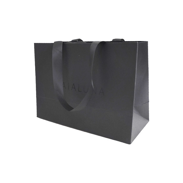 Custom Printed Ribbon Handle Cardboard Packaging Tote Bags Bolsas Black Paper bag Luxury Gift Paper Shopping Bag with Logos