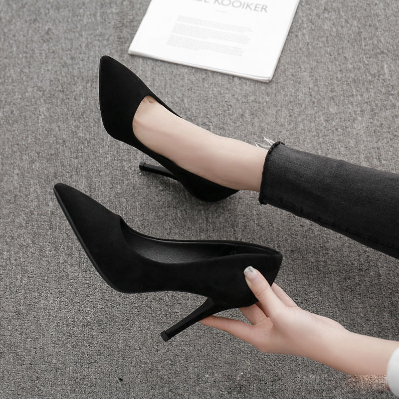 High heels women 2024 spring and autumn new black slim heel pointed shallow mouth suede shoes student etiquette shoes