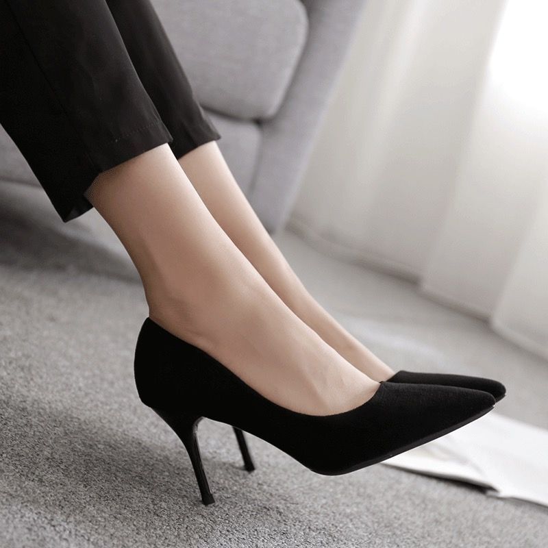 High heels women 2024 spring and autumn new black slim heel pointed shallow mouth suede shoes student etiquette shoes