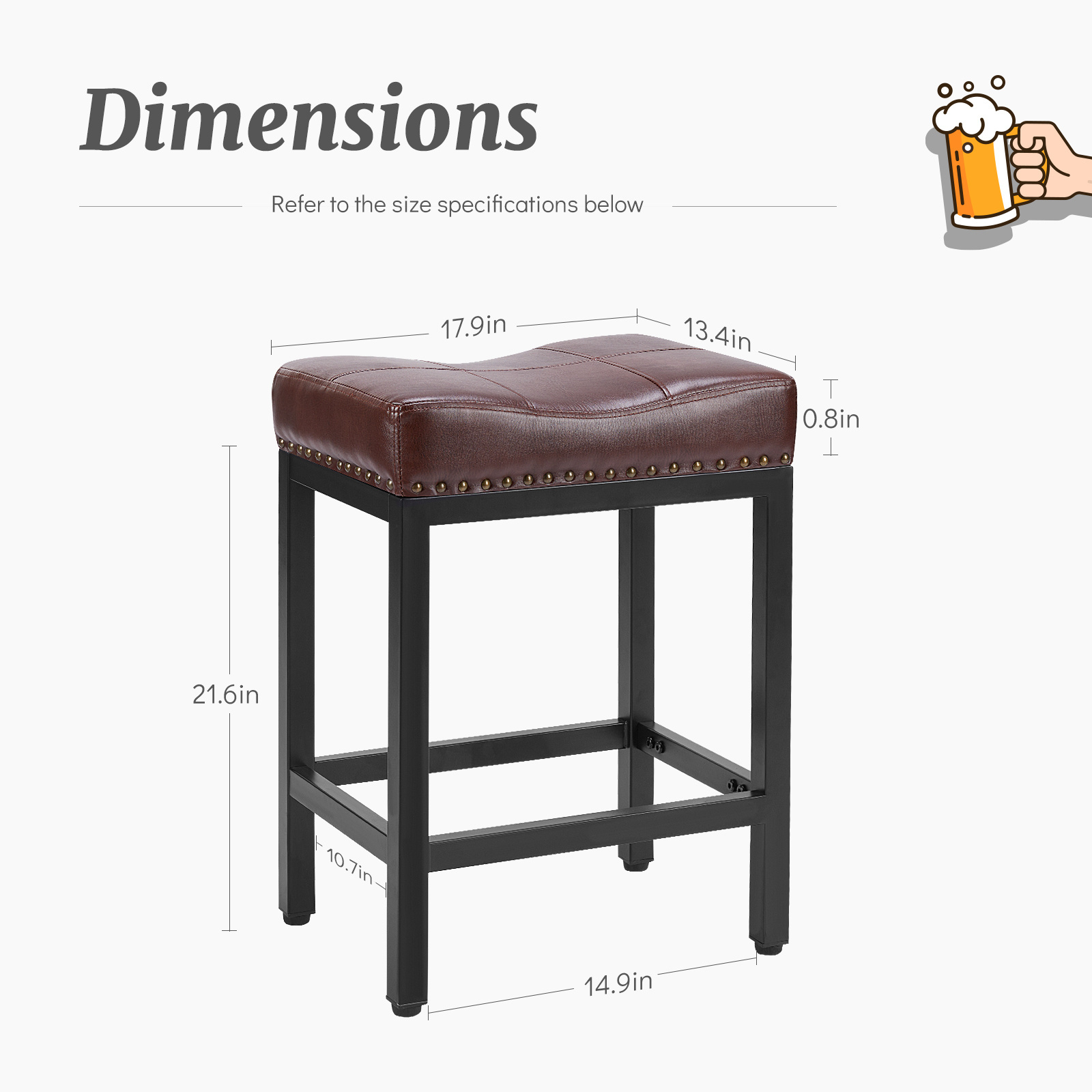 Set of 4 Bar Stools 24 Inch PU Leather Saddle Stools Counter Height Bar Stools for Kitchen Island Cafe Pub