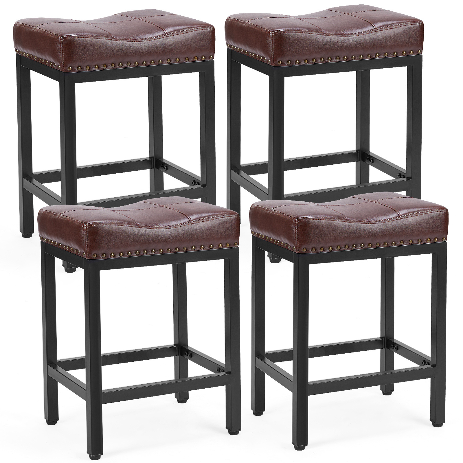 Set of 4 Bar Stools 24 Inch PU Leather Saddle Stools Counter Height Bar Stools for Kitchen Island Cafe Pub