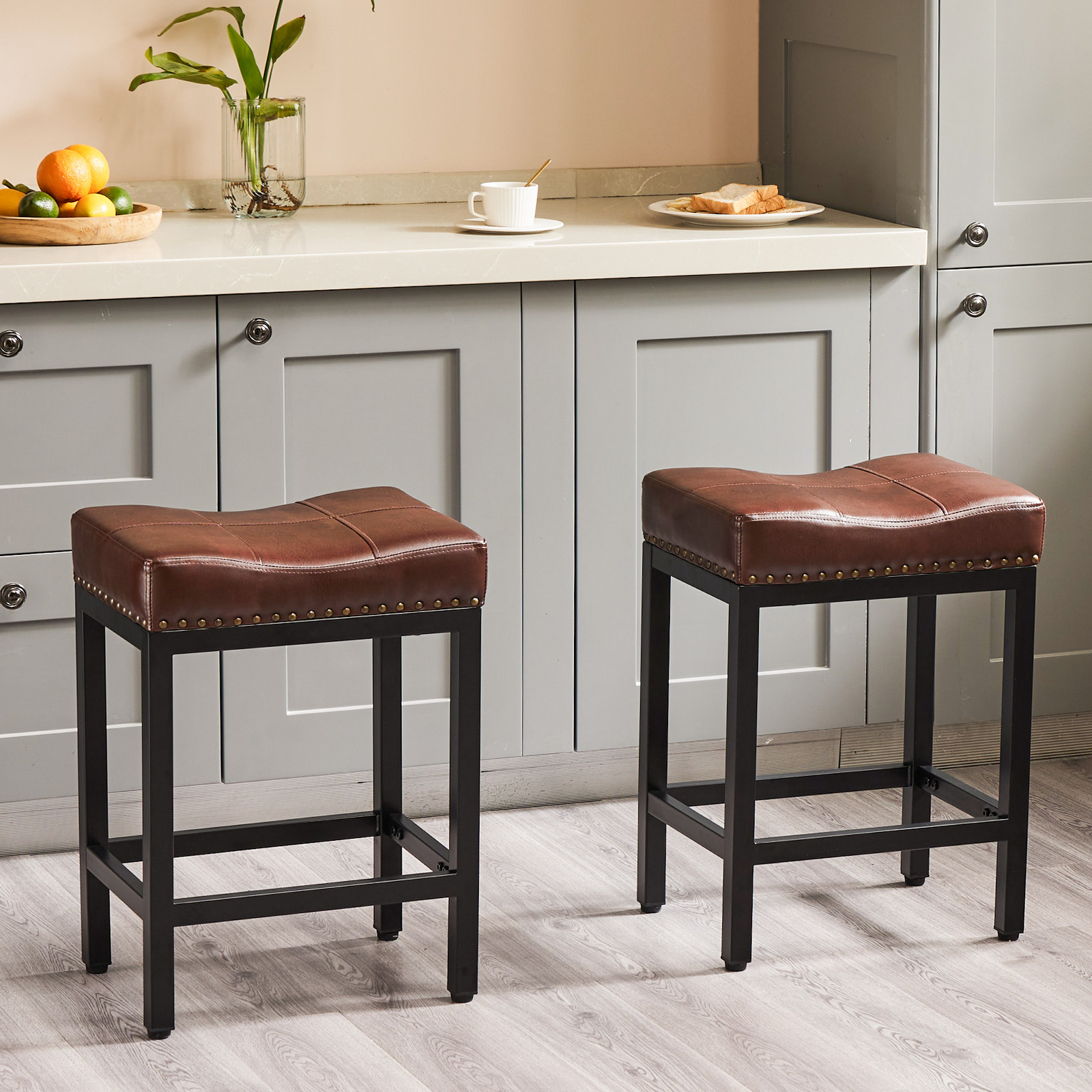 Set of 4 Bar Stools 24 Inch PU Leather Saddle Stools Counter Height Bar Stools for Kitchen Island Cafe Pub