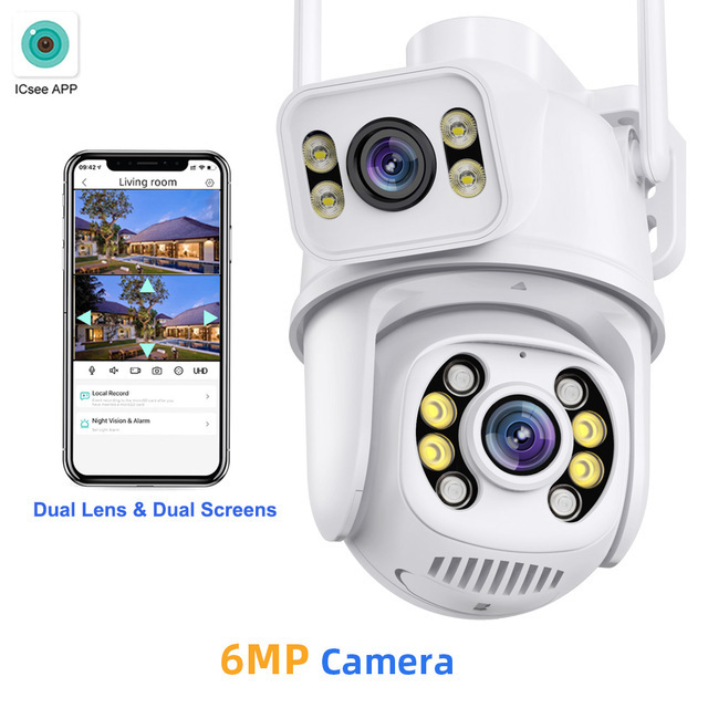 6MP 8MP Outdoor Dual Lens Wireless ip Camera cctv ICsee Wifi dual ball machine linkage Camera 4K Dual Lens ptz Network Camera