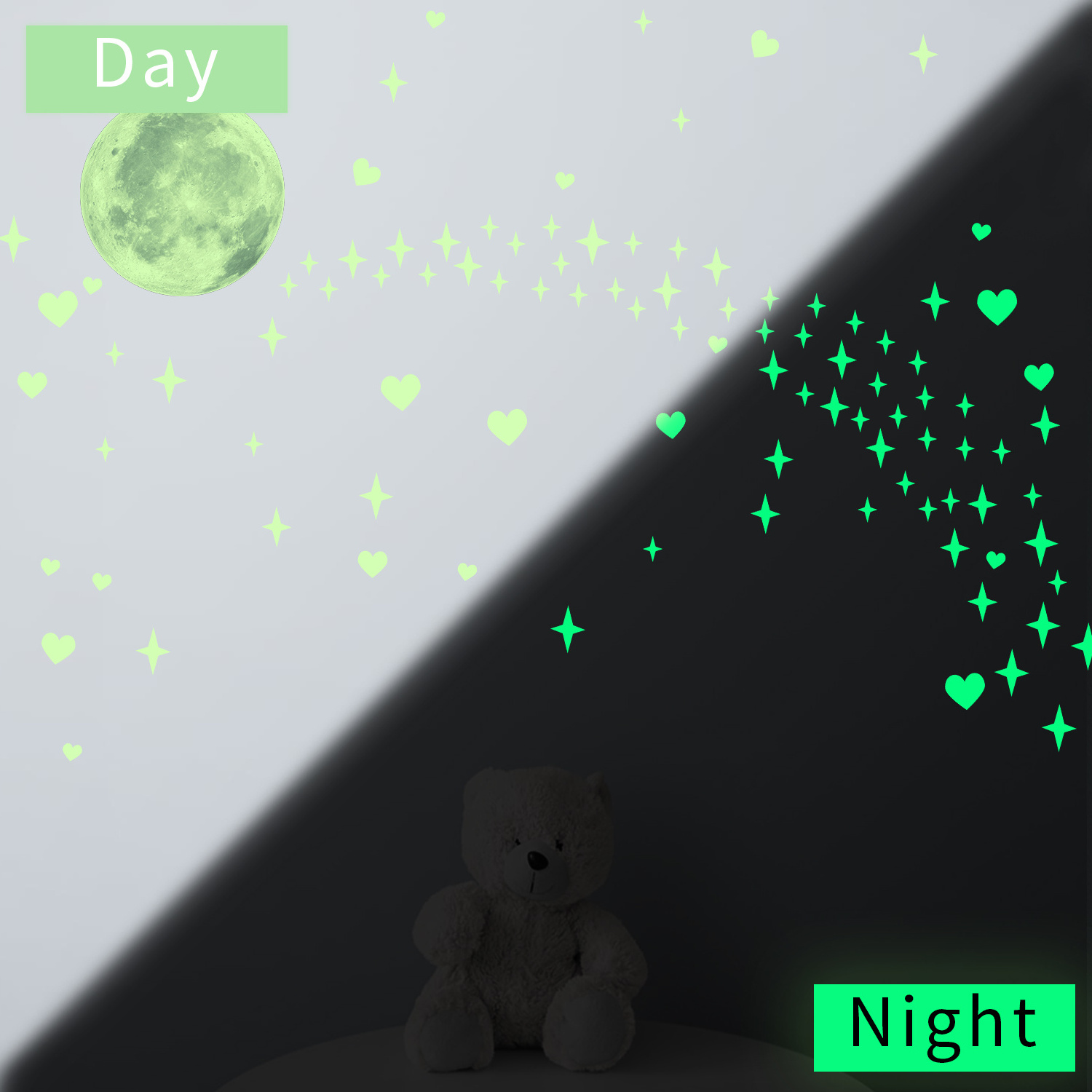 custom day 3D glow stars glowing in dark fluorescent moon and letters stickers for kids bedroom ceiling wall sticker