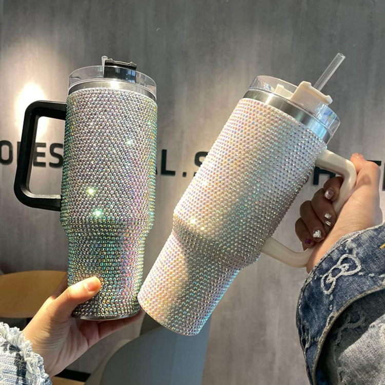 Factory directly selling 40oz Rhinestone Tumbler Double Wall Stainless Steel Cup With Handle and Straw