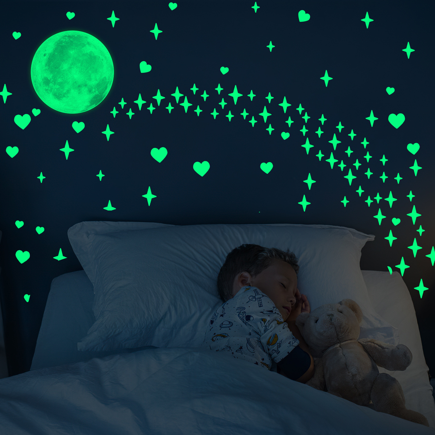 custom day 3D glow stars glowing in dark fluorescent moon and letters stickers for kids bedroom ceiling wall sticker