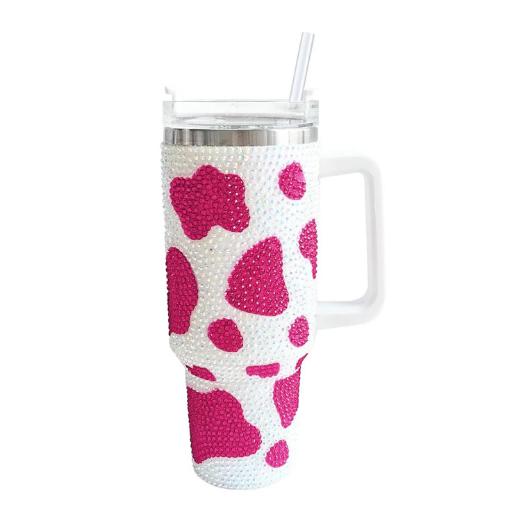 Stainless Steel Insulated Rhinestone Travel Cup Double Wall Leak Resistant Vacuum Tumbler Bling Cow Print Tumbler