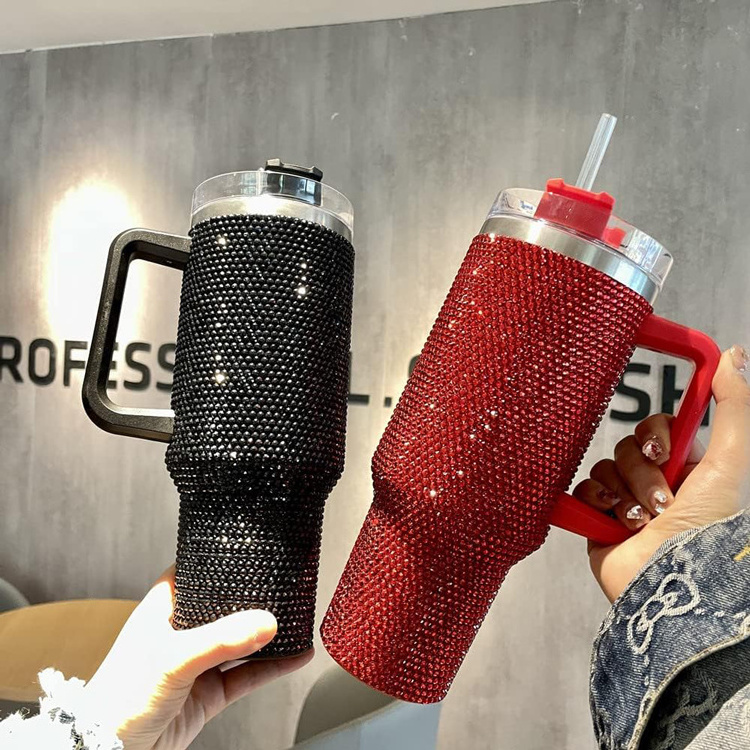 Factory directly selling 40oz Rhinestone Tumbler Double Wall Stainless Steel Cup With Handle and Straw