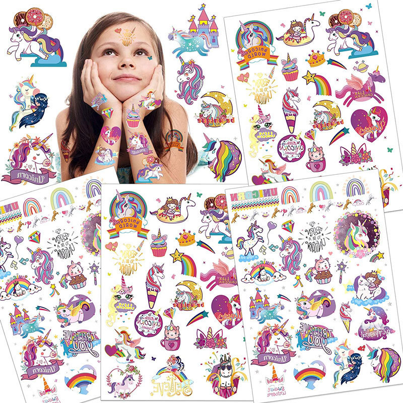 Free Sample Fashionable Cartoon Temporary Waterproof Glitter U-nicorn Tattoo Stickers for Girls Party