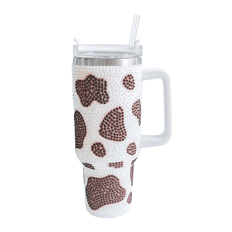 Stainless Steel Insulated Rhinestone Travel Cup Double Wall Leak Resistant Vacuum Tumbler Bling Cow Print Tumbler