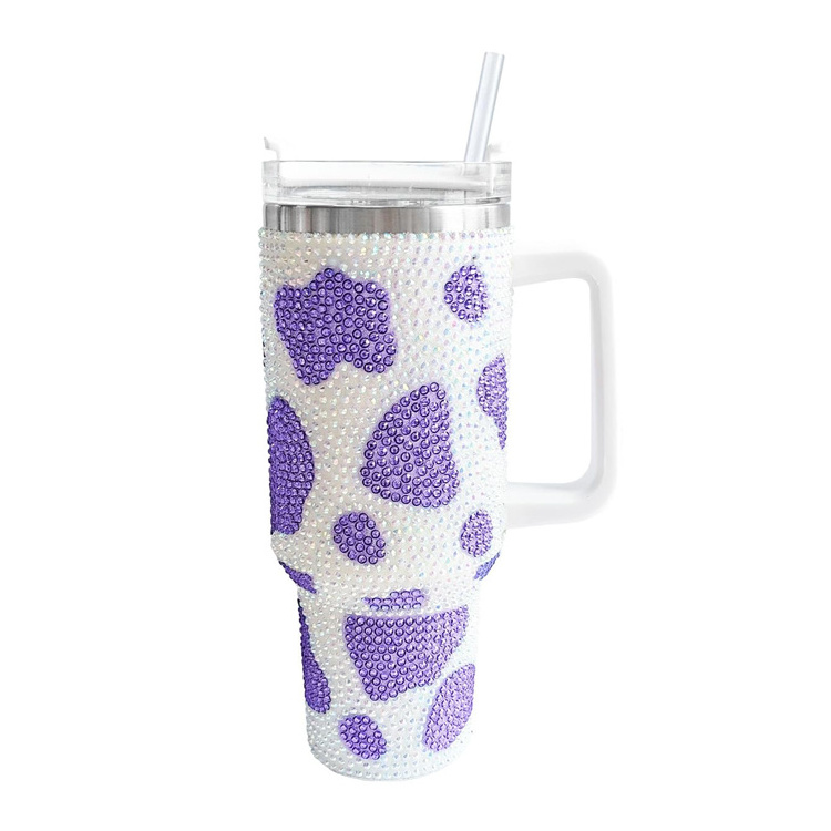 Stainless Steel Insulated Rhinestone Travel Cup Double Wall Leak Resistant Vacuum Tumbler Bling Cow Print Tumbler