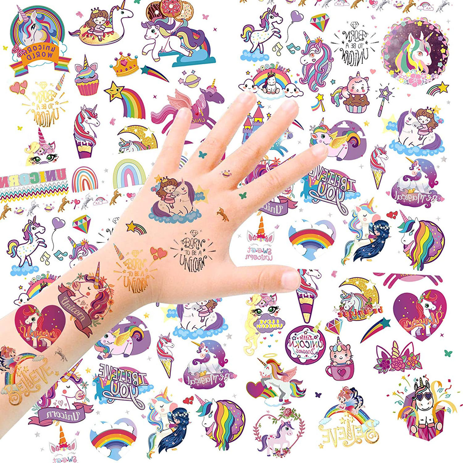 Free Sample Fashionable Cartoon Temporary Waterproof Glitter U-nicorn Tattoo Stickers for Girls Party