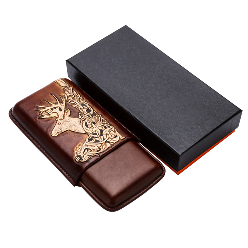 Cigar Case and Gift Box Cigar Travel Case for Men 3-Finger Leather Cigar Carrying Case