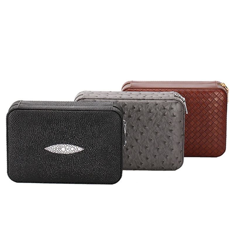 XJ-T113 Yiwu Jiju Brown Leather Travel Portable Cigar Case Include Cigar Cutter And Lighter