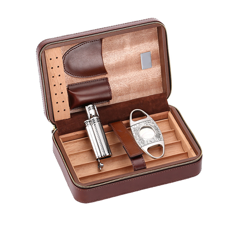 XJ-T113 Yiwu Jiju Brown Leather Travel Portable Cigar Case Include Cigar Cutter And Lighter