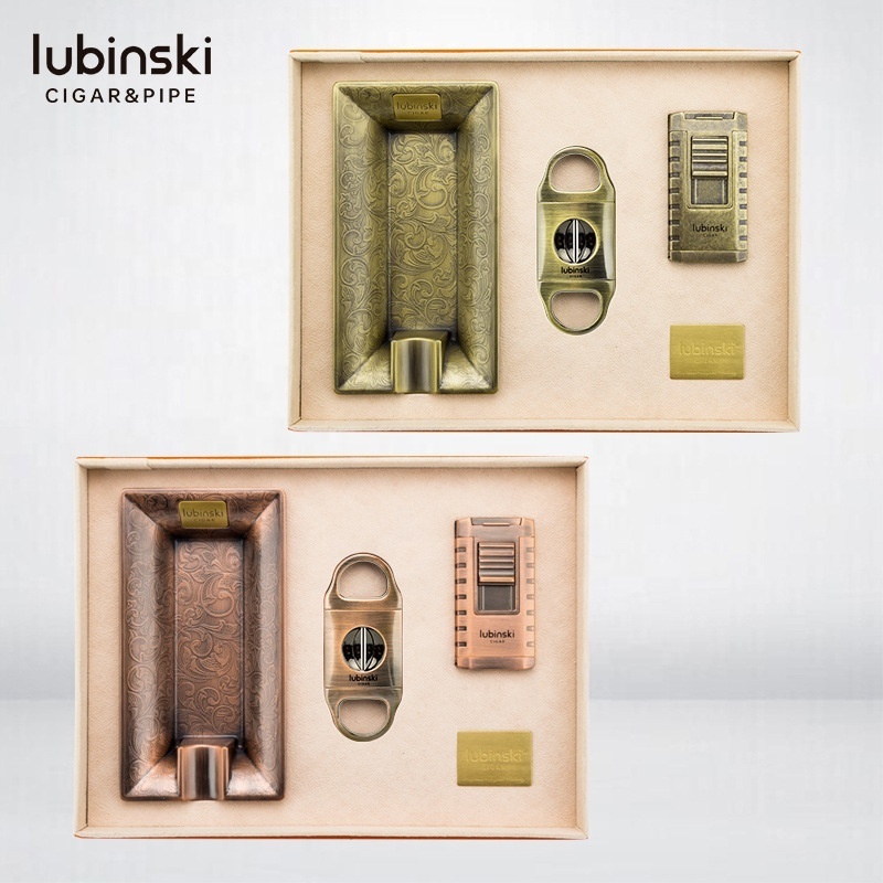 LUBINSKI Cigar Tool set V-type scissors Alloy ashtray three straight punching lighter Retro gift box three sets