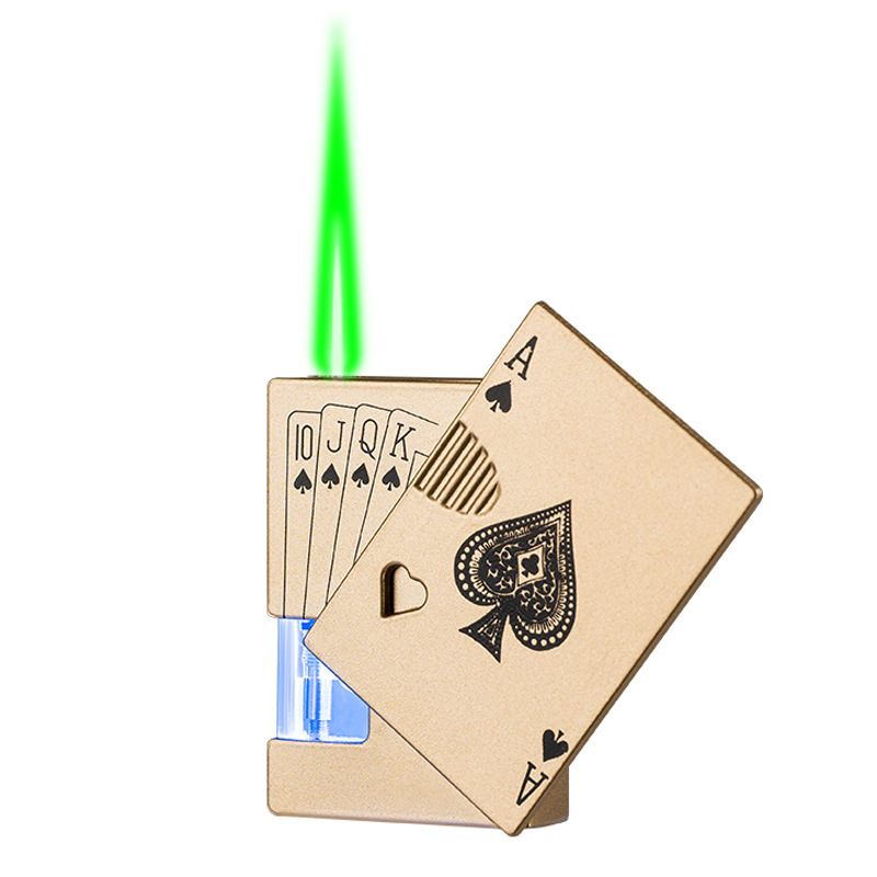 Best Selling Portable USB Refill Fuel Tank Illuminated Playing Card Custom Green Flame Mini Torch Lighter