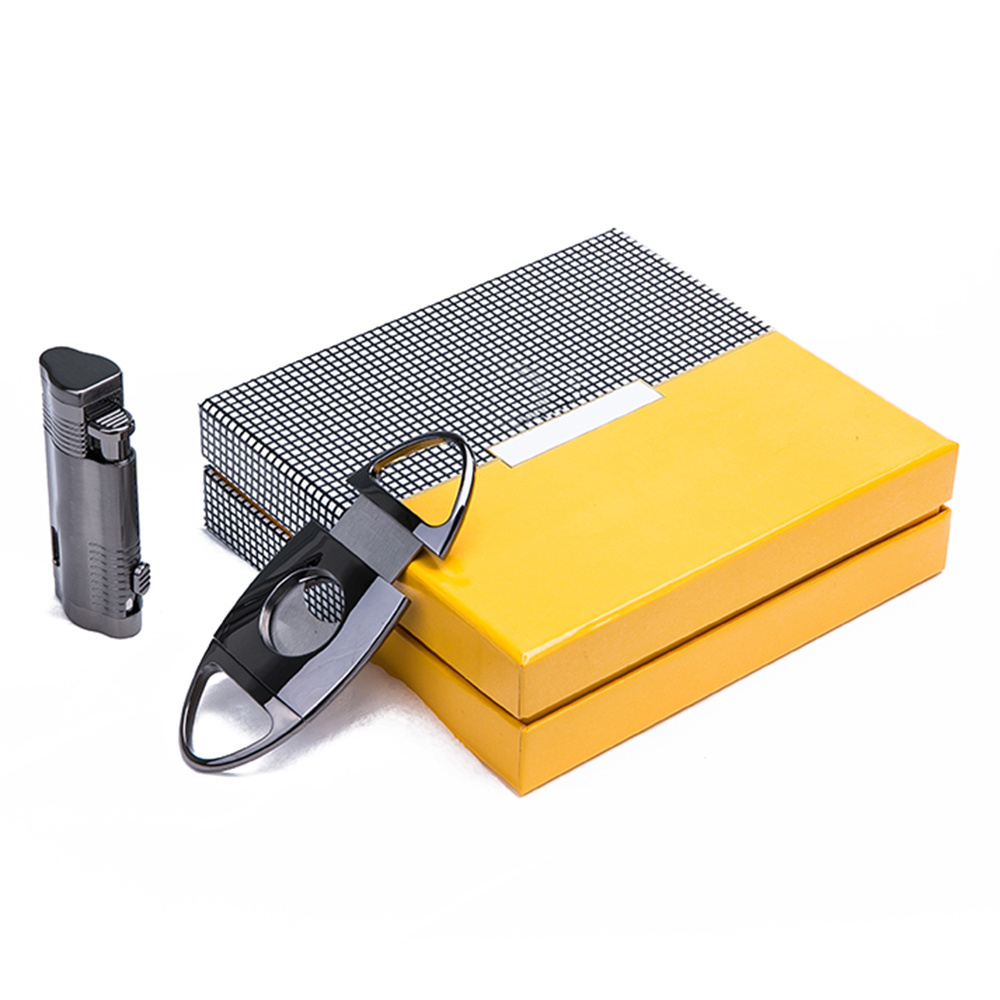 Factory Wholesale Luxury Windproof Lighter Cutter 2 Pieces Set Cigar Cutters Tool Cigar Gift Set