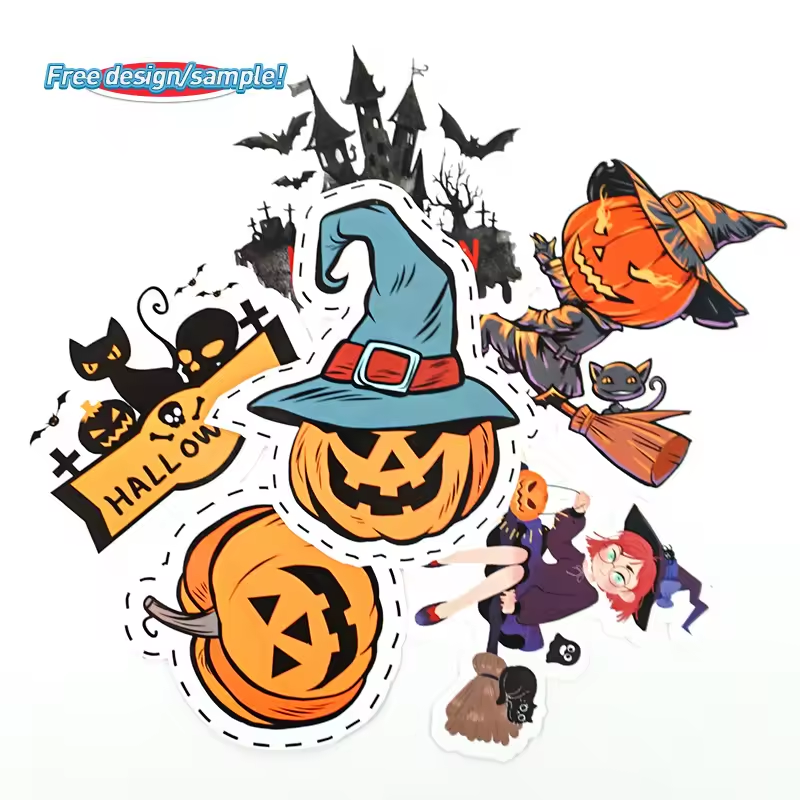 Luxury Halloween Day Magic Hat Adhesive Sticker Custom Printing Waterproof Die Cut Pumpkin Sticker With Logo