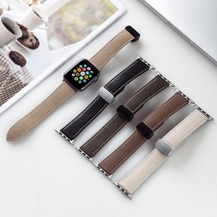 Wholesale 2024 colorful stainless steel connecter colorful magnetic buckle watch strap for luxury real leather apple watch band