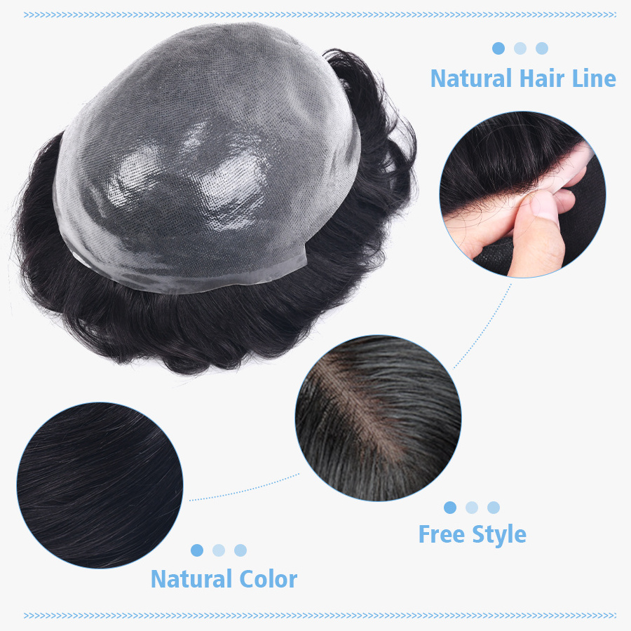 K.SWIGS 100%Human Hair Men's Toupee Indian Hair System Men Hairpiece Replacement 0.08mm Super Thin Skin Transparent Men Toupee