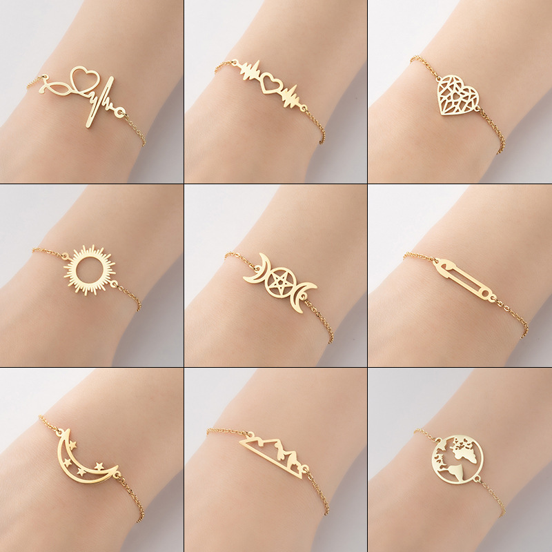 18 styles Stainless Steel Bangle Gold Plated Geometry Moon Sun Heart Hollow Charm Adjustable Bracelet Fashion Women Jewelry