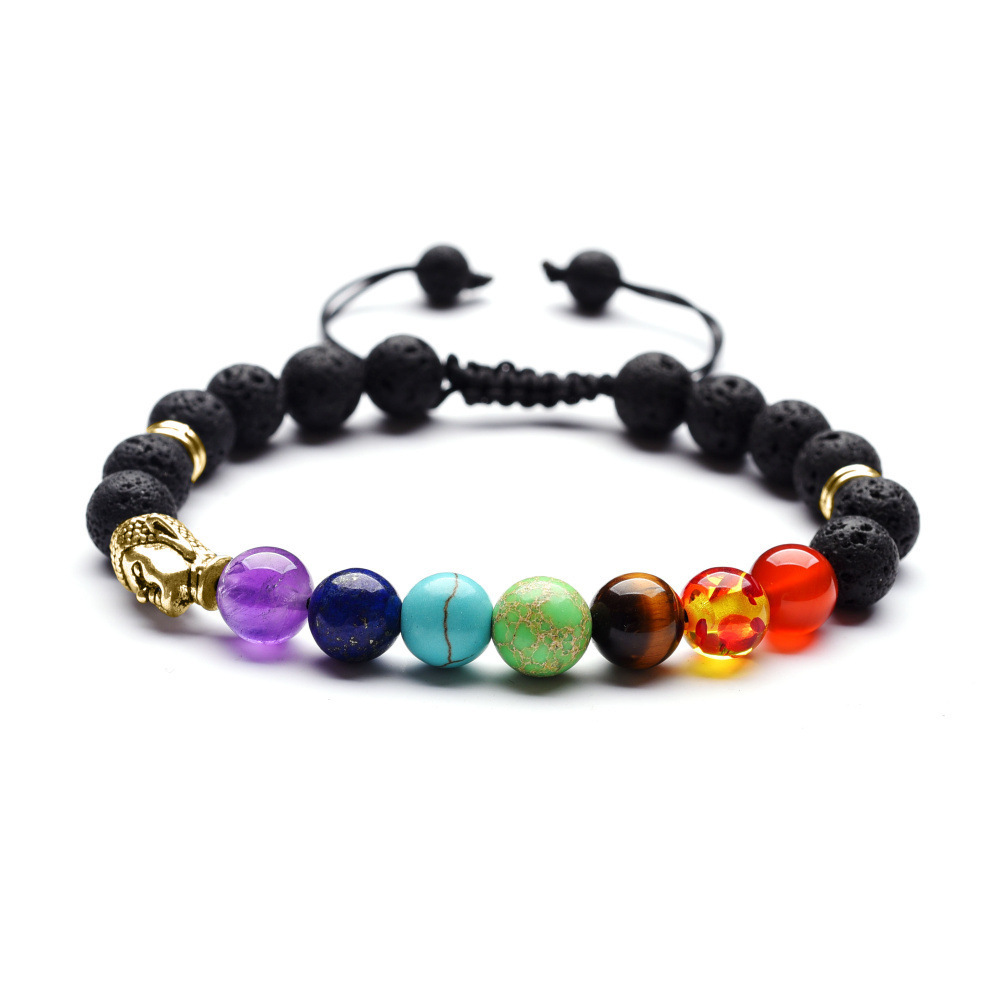 Wholesale Buddha head charm 8 mm natural volcanic rock seven chakra yoga woven bracelet handmade jewelry for women