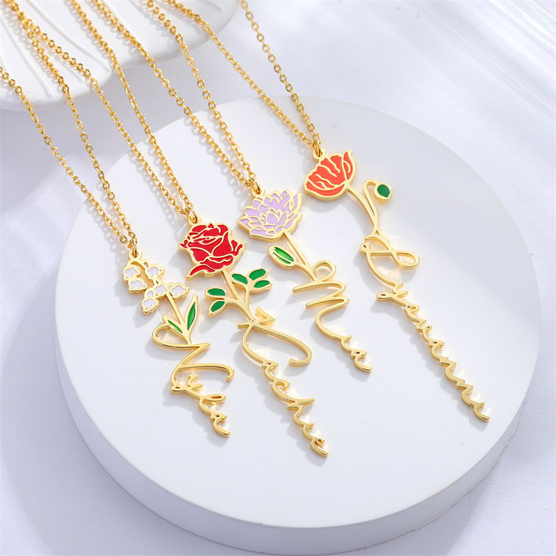 Stainless steel 12 month colorful flower personalized custom name pendant necklace women fashion jewelry gold plated necklace