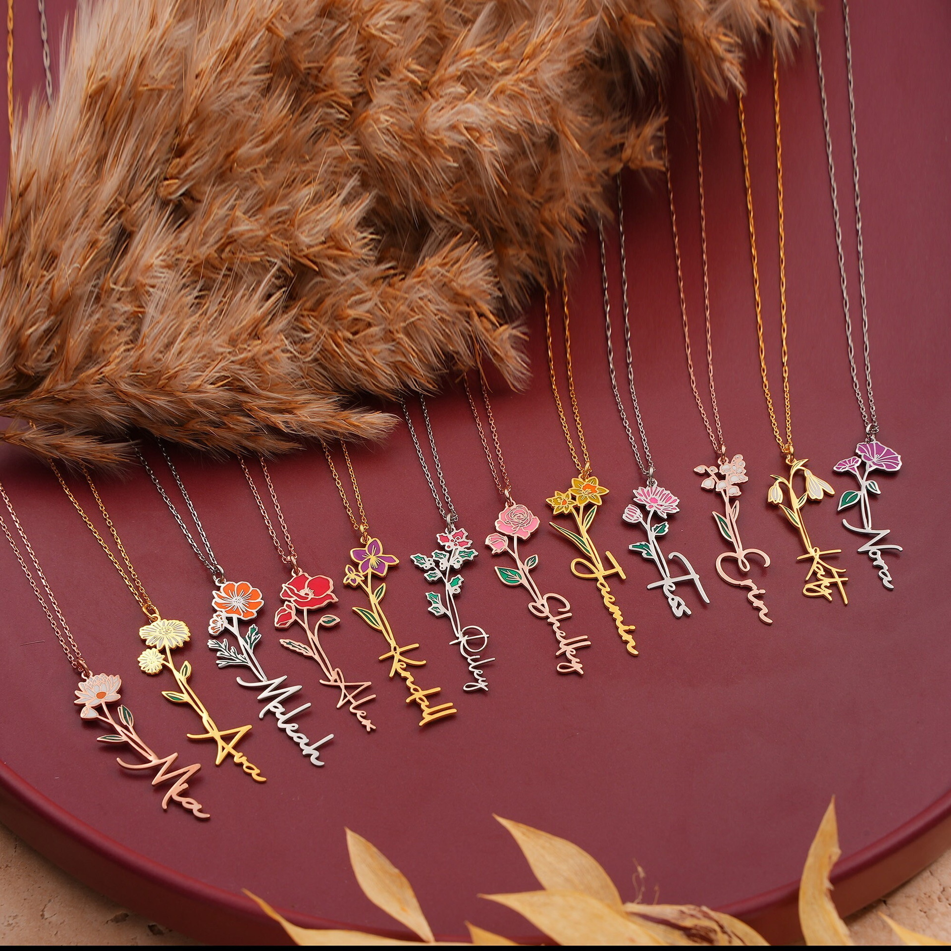 Stainless steel 12 month colorful flower personalized custom name pendant necklace women fashion jewelry gold plated necklace