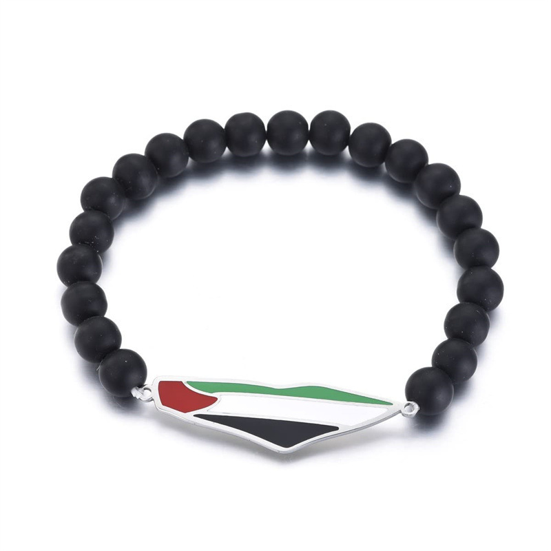 Stainless Steel Bracelet with Black Beads Featuring Drop Glue Palestinian Flag Map Design Fashion Jewelry Bracelets Bangles