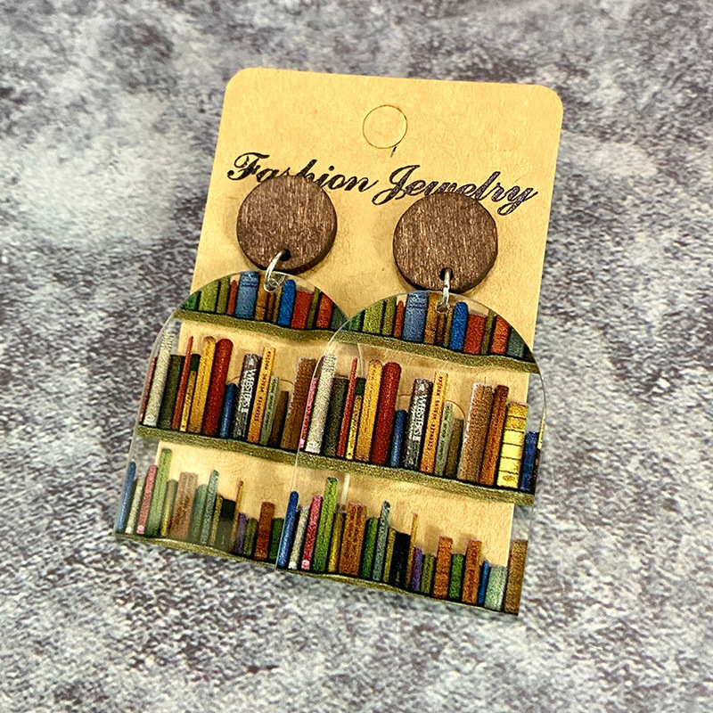 2024 new arrival acrylic pendant geometric wooden charm earrings books charm teacher earrings