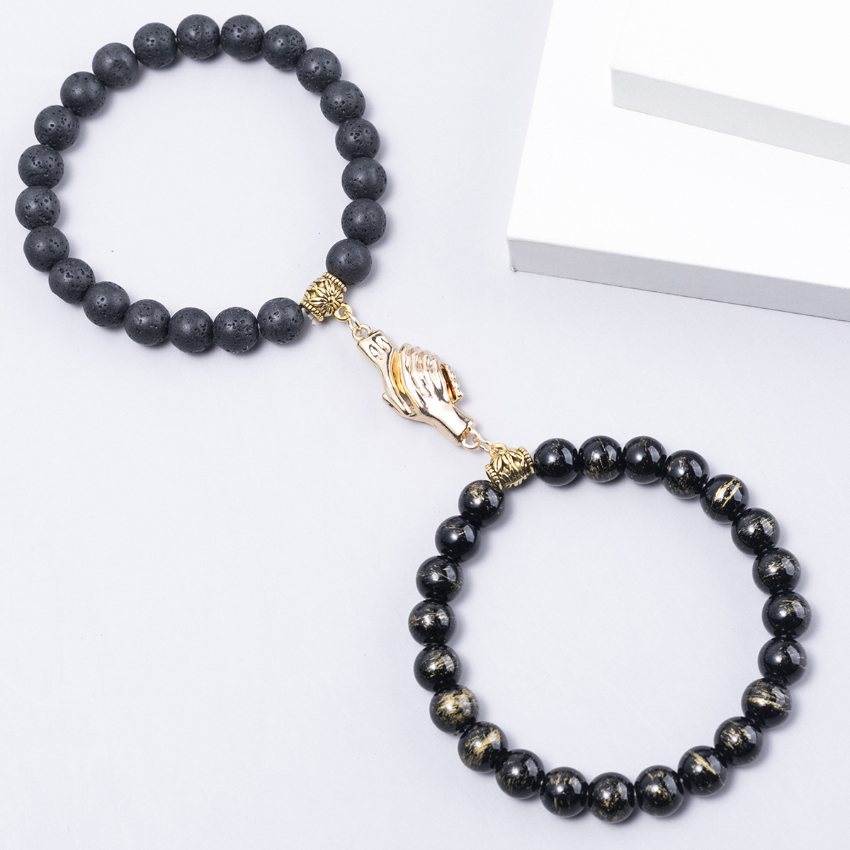 LongWay 18 Sets Couple Jewelry Trend 8mm Magnetic Charm Stretch Black Healing Hematite Jade Natural Stone Bracelet Set