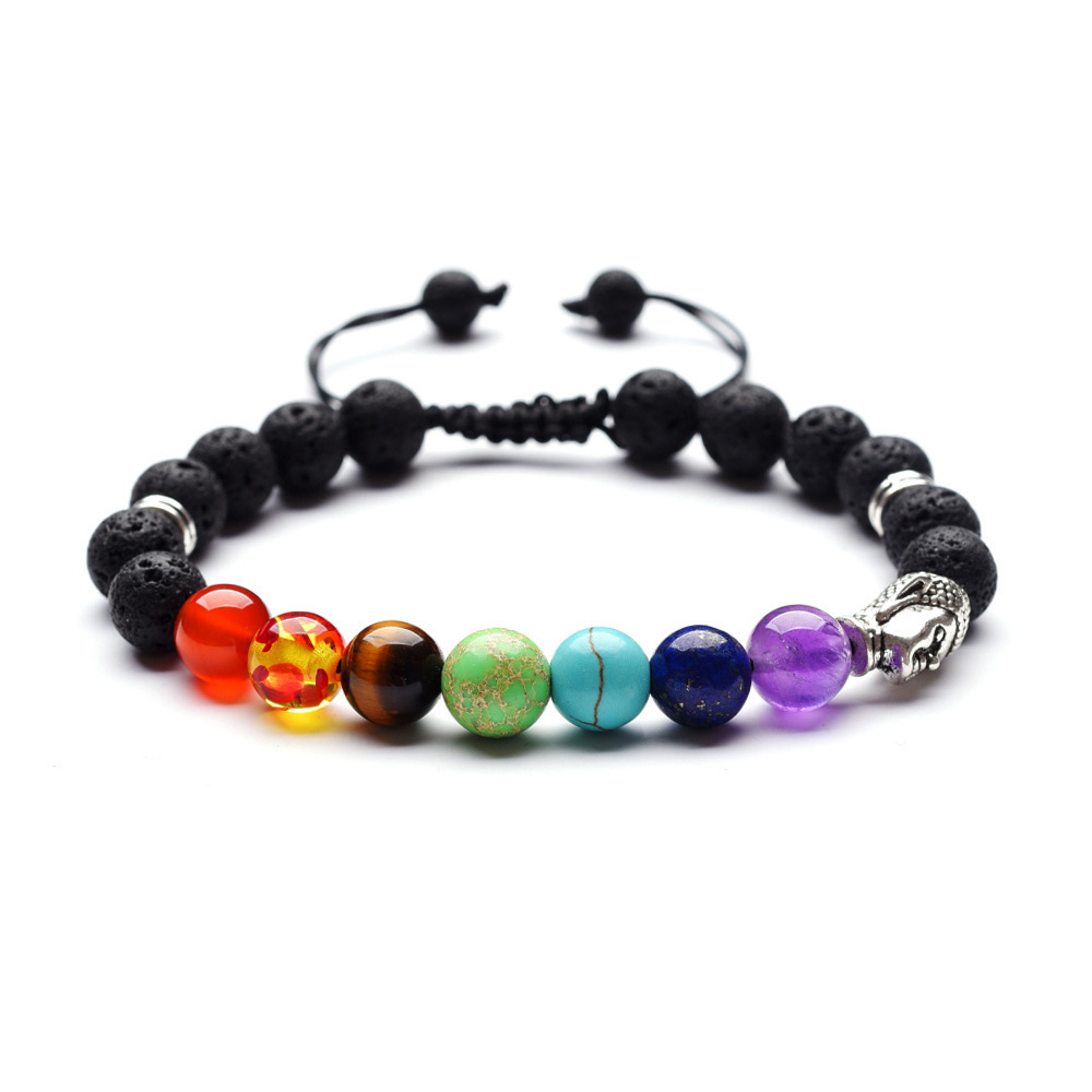 Wholesale Buddha head charm 8 mm natural volcanic rock seven chakra yoga woven bracelet handmade jewelry for women