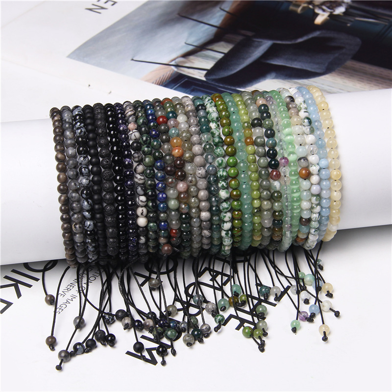 New Fashion Cute Small 4mm Gemstone Natural Agate Jasper Aventurine Cat Eye Stone Beads Macrame Bracelet Adjustable Women Men