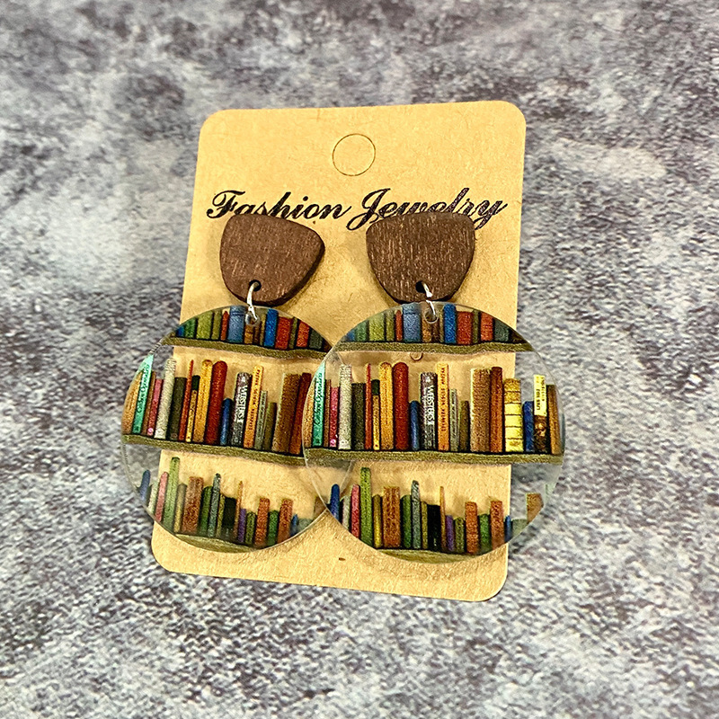 2024 new arrival acrylic pendant geometric wooden charm earrings books charm teacher earrings