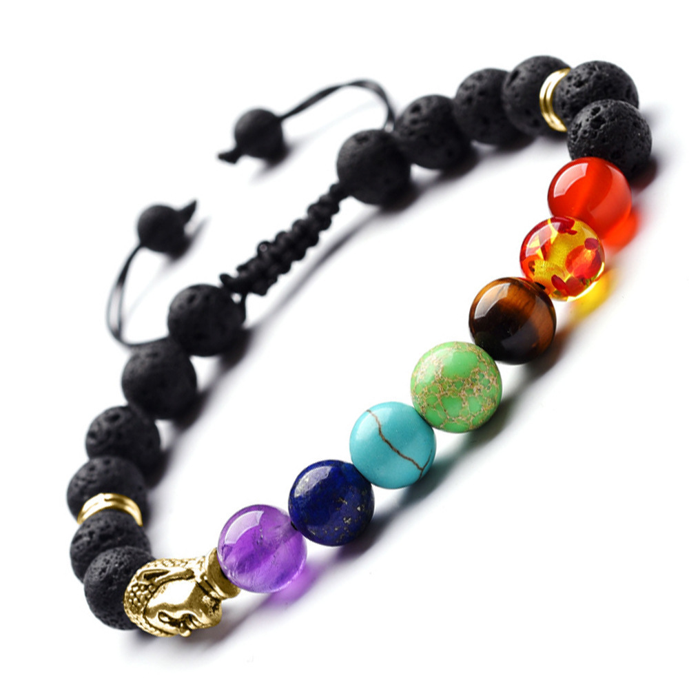 Wholesale Buddha head charm 8 mm natural volcanic rock seven chakra yoga woven bracelet handmade jewelry for women