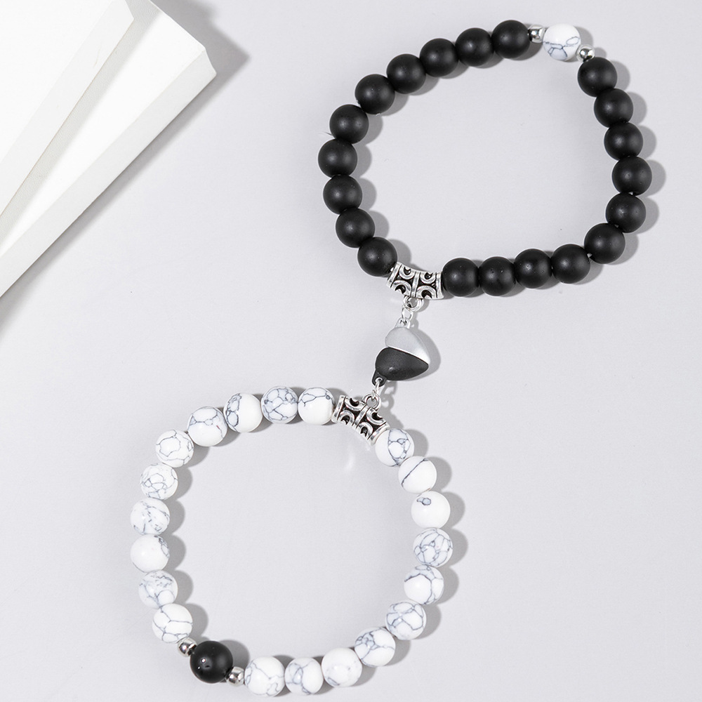 LongWay 18 Sets Couple Jewelry Trend 8mm Magnetic Charm Stretch Black Healing Hematite Jade Natural Stone Bracelet Set