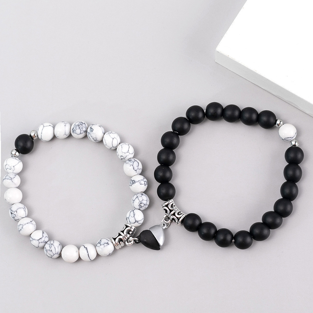 LongWay 18 Sets Couple Jewelry Trend 8mm Magnetic Charm Stretch Black Healing Hematite Jade Natural Stone Bracelet Set