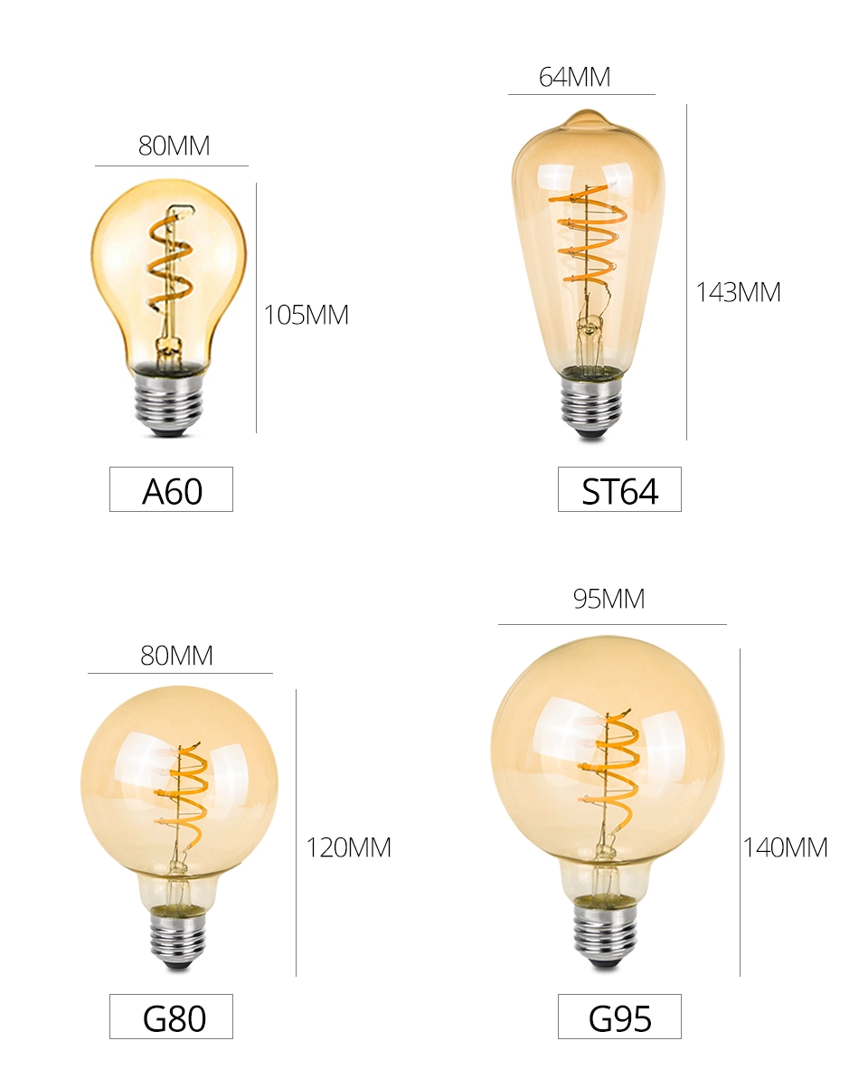 Retro LED Spiral Filament Light Bulb E14 E27 4W Warm Yellow 220V C35 A60 T45 ST64 T10 T185 T225 G80 G95 G125 Vintage Edison Lamp