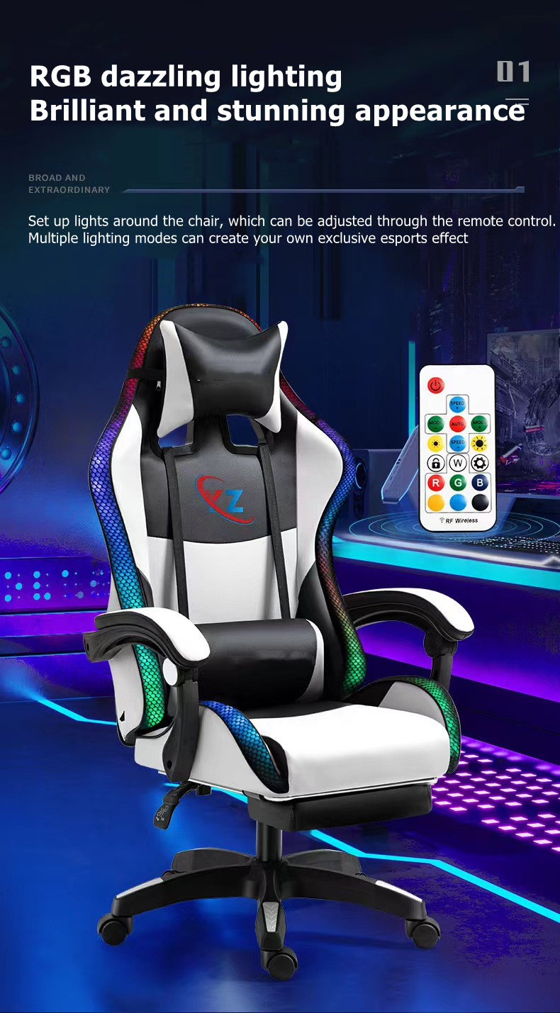 Factory wholesale leather reclining gamer chair LED light RGB heavy duty commercial LOGO customized gaming chair