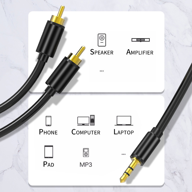 AUX 3.5mm  to RCA Cable, Right & Left Channel, Double Shield OFC Audio Cord, Gold Plated Male Plug