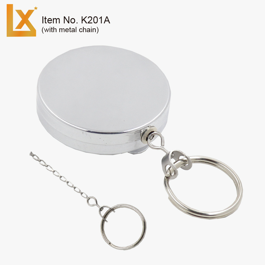 Heavy duty 50 mm retractable pull key reel badge holder with metal chain, wire or nylon cord, keyring