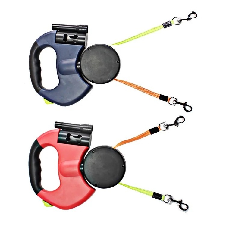 Dual Custom Retractable Puppy Dog Pets Training Leash for 2 Two Double Leashes With Flashlight