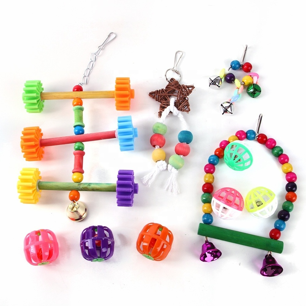 Bird Toy Set Parrot Swing Chewing Toy Set 10 pack Hanging Cage Swing and Rainbow Bridge