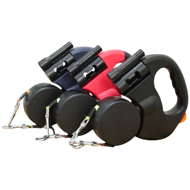 Dual Custom Retractable Puppy Dog Pets Training Leash for 2 Two Double Leashes With Flashlight