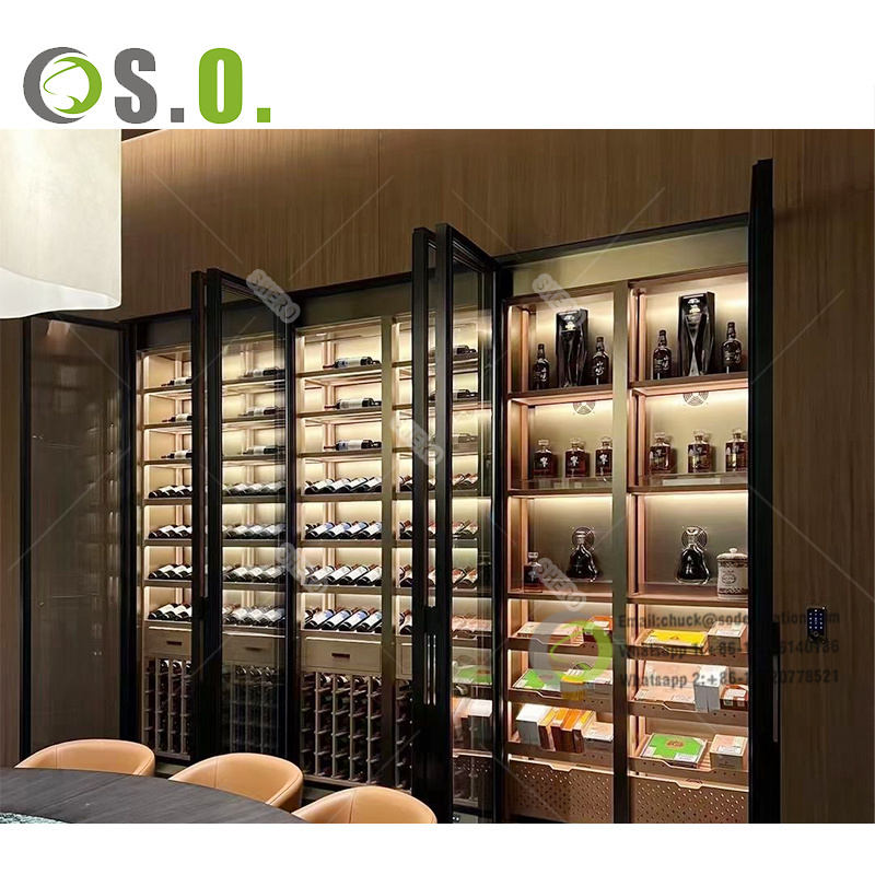 High-end Display Cabinet with Glass Doors Wooden Wine Bottle Display Cabinet Custom Wine Shelf Liquor Display Rack with Light