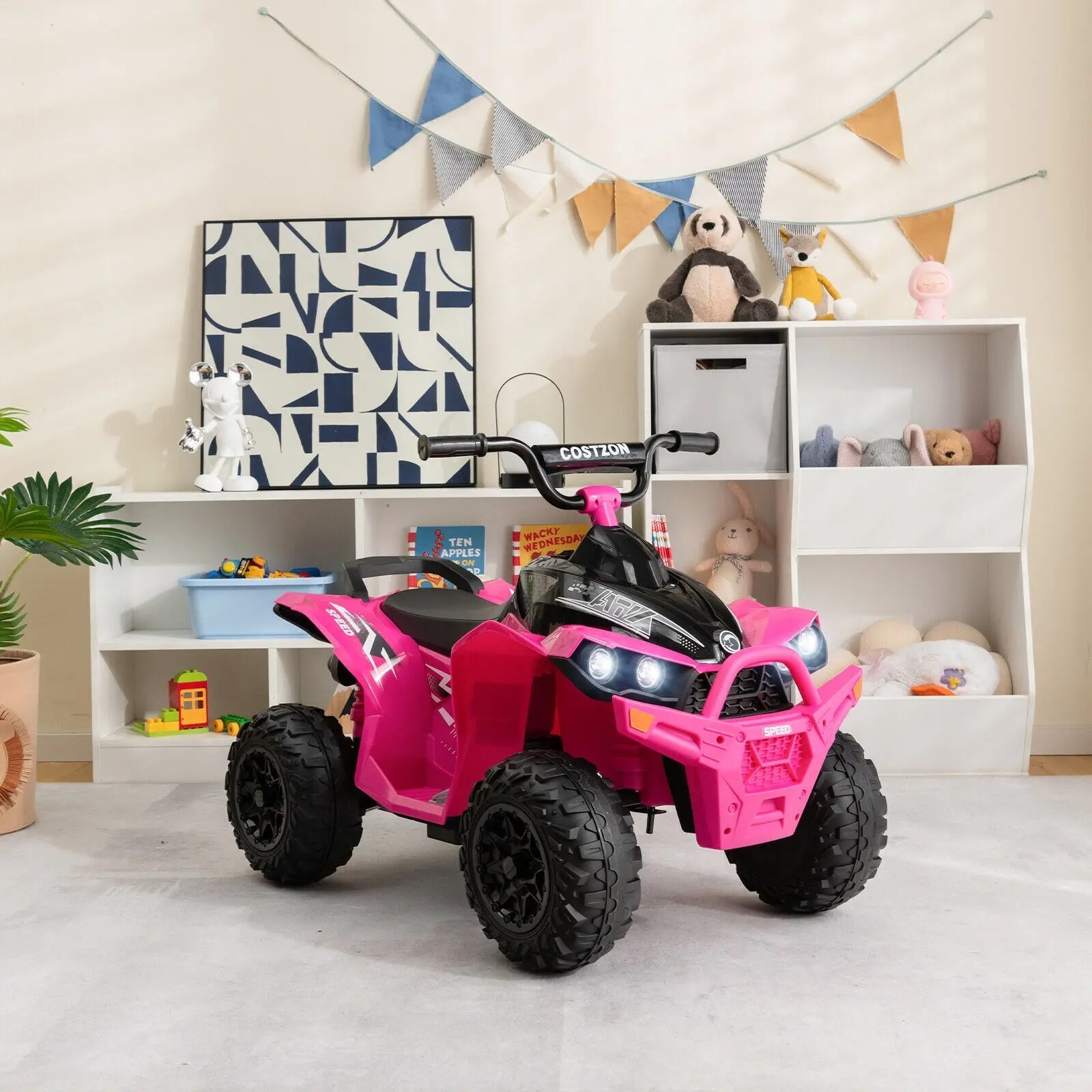 lstaride Kids Ride on Car Rechargeable Battery Powered ATV with 4 Spring-Suspension Wheels Button Switch Quad Ride on Car