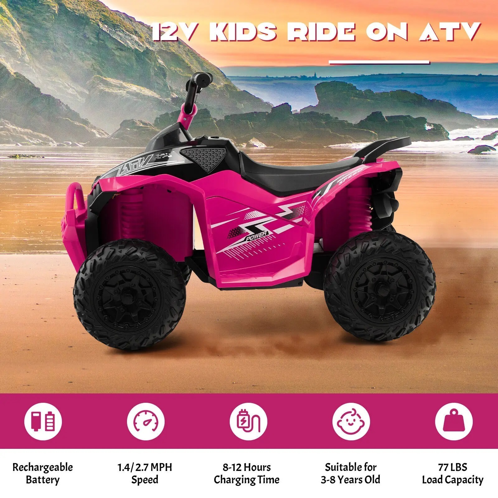 lstaride Kids Ride on Car Rechargeable Battery Powered ATV with 4 Spring-Suspension Wheels Button Switch Quad Ride on Car